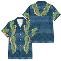 Hawai'i Paniolo Maile Twisted Lei Family Matching Off Shoulder Maxi Dress and Hawaiian Shirt Cobalt Blue