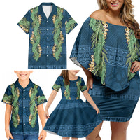 Hawai'i Paniolo Maile Twisted Lei Family Matching Off Shoulder Short Dress and Hawaiian Shirt Cobalt Blue