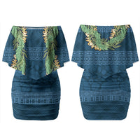 Hawai'i Paniolo Maile Twisted Lei Family Matching Off Shoulder Short Dress and Hawaiian Shirt Cobalt Blue