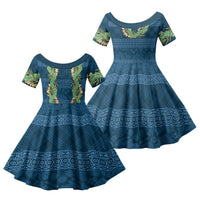 Hawai'i Paniolo Maile Twisted Lei Family Matching Puletasi and Hawaiian Shirt Cobalt Blue