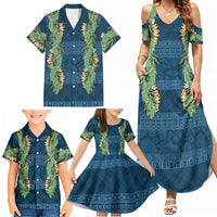 Hawai'i Paniolo Maile Twisted Lei Family Matching Summer Maxi Dress and Hawaiian Shirt Cobalt Blue