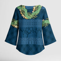 Hawai'i Paniolo Maile Twisted Lei Kimono Sleeve Blouse Cobalt Blue LT7 - Polynesian Pride