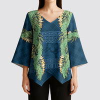 Hawai'i Paniolo Maile Twisted Lei Kimono Sleeve Blouse Cobalt Blue LT7 - Polynesian Pride