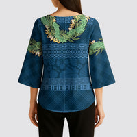Hawai'i Paniolo Maile Twisted Lei Kimono Sleeve Blouse Cobalt Blue LT7 - Polynesian Pride