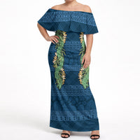 Hawai'i Paniolo Maile Twisted Lei Off Shoulder Maxi Dress Cobalt Blue