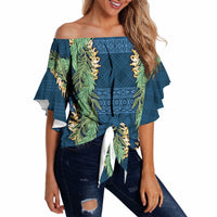 Hawai'i Paniolo Maile Twisted Lei Off Shoulder Wrap Waist Top Cobalt Blue