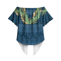 Hawai'i Paniolo Maile Twisted Lei Off Shoulder Wrap Waist Top Cobalt Blue