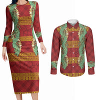 Hawai'i Paniolo Maile Twisted Lei Couples Matching Long Sleeve Bodycon Dress and Long Sleeve Button Shirt Hilo Royal Red