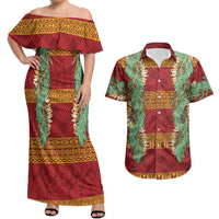 Hawai'i Paniolo Maile Twisted Lei Couples Matching Off Shoulder Maxi Dress and Hawaiian Shirt Hilo Royal Red