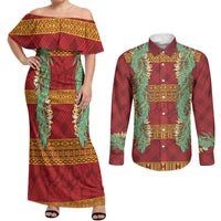 Hawai'i Paniolo Maile Twisted Lei Couples Matching Off Shoulder Maxi Dress and Long Sleeve Button Shirt Hilo Royal Red