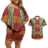 Hawai'i Paniolo Maile Twisted Lei Couples Matching Off Shoulder Short Dress and Hawaiian Shirt Hilo Royal Red