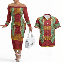 Hawai'i Paniolo Maile Twisted Lei Couples Matching Off The Shoulder Long Sleeve Dress and Hawaiian Shirt Hilo Royal Red