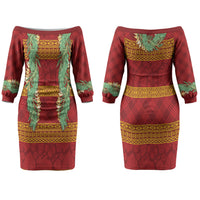 Hawai'i Paniolo Maile Twisted Lei Couples Matching Off The Shoulder Long Sleeve Dress and Hawaiian Shirt Hilo Royal Red