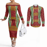 Hawai'i Paniolo Maile Twisted Lei Couples Matching Off The Shoulder Long Sleeve Dress and Long Sleeve Button Shirt Hilo Royal Red