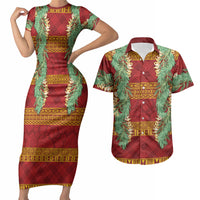 Hawai'i Paniolo Maile Twisted Lei Couples Matching Short Sleeve Bodycon Dress and Hawaiian Shirt Hilo Royal Red
