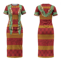 Hawai'i Paniolo Maile Twisted Lei Couples Matching Short Sleeve Bodycon Dress and Hawaiian Shirt Hilo Royal Red