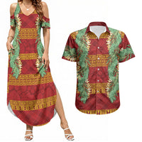 Hawai'i Paniolo Maile Twisted Lei Couples Matching Summer Maxi Dress and Hawaiian Shirt Hilo Royal Red