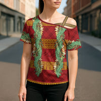 Hawai'i Paniolo Maile Twisted Lei Cross Shoulder Shirt Hilo Royal Red