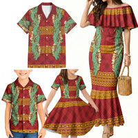 Hawai'i Paniolo Maile Twisted Lei Family Matching Mermaid Dress and Hawaiian Shirt Hilo Royal Red