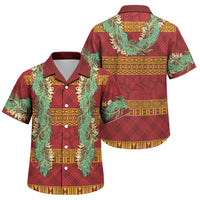 Hawai'i Paniolo Maile Twisted Lei Family Matching Off The Shoulder Long Sleeve Dress and Hawaiian Shirt Hilo Royal Red
