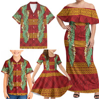 Hawai'i Paniolo Maile Twisted Lei Family Matching Off Shoulder Maxi Dress and Hawaiian Shirt Hilo Royal Red