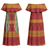 Hawai'i Paniolo Maile Twisted Lei Family Matching Off Shoulder Maxi Dress and Hawaiian Shirt Hilo Royal Red