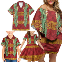 Hawai'i Paniolo Maile Twisted Lei Family Matching Off Shoulder Short Dress and Hawaiian Shirt Hilo Royal Red