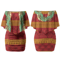 Hawai'i Paniolo Maile Twisted Lei Family Matching Off Shoulder Short Dress and Hawaiian Shirt Hilo Royal Red
