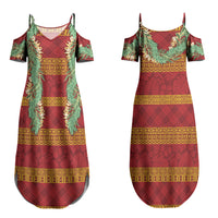 Hawai'i Paniolo Maile Twisted Lei Family Matching Summer Maxi Dress and Hawaiian Shirt Hilo Royal Red