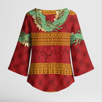 Hawai'i Paniolo Maile Twisted Lei Kimono Sleeve Blouse Hilo Royal Red