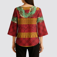 Hawai'i Paniolo Maile Twisted Lei Kimono Sleeve Blouse Hilo Royal Red
