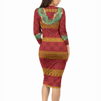 Hawai'i Paniolo Maile Twisted Lei Long Sleeve Bodycon Dress Hilo Royal Red