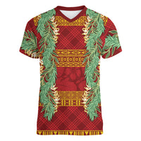 Hawai'i Paniolo Maile Twisted Lei Women V-Neck T-Shirt Hilo Royal Red