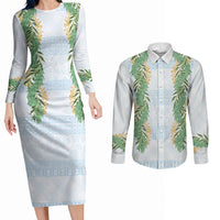 Hawai'i Paniolo Maile Twisted Lei Couples Matching Long Sleeve Bodycon Dress and Long Sleeve Button Shirt Winter White