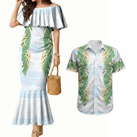 Hawai'i Paniolo Maile Twisted Lei Couples Matching Mermaid Dress and Hawaiian Shirt Winter White