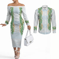 Hawai'i Paniolo Maile Twisted Lei Couples Matching Off The Shoulder Long Sleeve Dress and Long Sleeve Button Shirt Winter White
