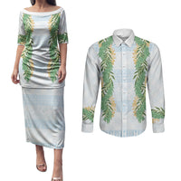 Hawai'i Paniolo Maile Twisted Lei Couples Matching Puletasi and Long Sleeve Button Shirt Winter White