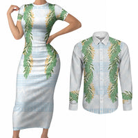 Hawai'i Paniolo Maile Twisted Lei Couples Matching Short Sleeve Bodycon Dress and Long Sleeve Button Shirt Winter White