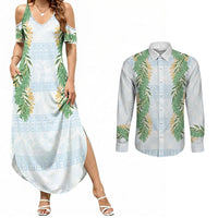 Hawai'i Paniolo Maile Twisted Lei Couples Matching Summer Maxi Dress and Long Sleeve Button Shirt Winter White