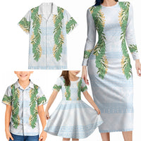 Hawai'i Paniolo Maile Twisted Lei Family Matching Long Sleeve Bodycon Dress and Hawaiian Shirt Winter White