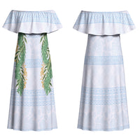Hawai'i Paniolo Maile Twisted Lei Family Matching Off Shoulder Maxi Dress and Hawaiian Shirt Winter White