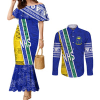 Personalised Fiji Natabua High School Couples Matching Mermaid Dress and Long Sleeve Button Shirts Kaviti Tapa Mix Colors Proud NHS LT7 Blue - Polynesian Pride