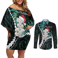 New Zealand Personalised Couples Matching Off Shoulder Short Dress and Long Sleeve Button Shirt Meri Kirihimete Kowhaiwhai Mix Paua Shell - Emerald