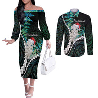 New Zealand Personalised Couples Matching Off The Shoulder Long Sleeve Dress and Long Sleeve Button Shirt Meri Kirihimete Kowhaiwhai Mix Paua Shell - Emerald