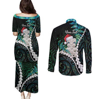 New Zealand Personalised Couples Matching Puletasi and Long Sleeve Button Shirt Meri Kirihimete Kowhaiwhai Mix Paua Shell - Emerald