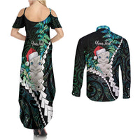 New Zealand Personalised Couples Matching Summer Maxi Dress and Long Sleeve Button Shirt Meri Kirihimete Kowhaiwhai Mix Paua Shell - Emerald