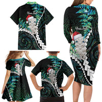 New Zealand Personalised Family Matching Long Sleeve Bodycon Dress and Hawaiian Shirt Meri Kirihimete Kowhaiwhai Mix Paua Shell - Emerald