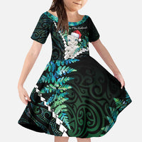 New Zealand Personalised Family Matching Short Sleeve Bodycon Dress and Hawaiian Shirt Meri Kirihimete Kowhaiwhai Mix Paua Shell - Emerald LT7 Daughter's Dress Green - Polynesian Pride