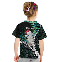 New Zealand Personalised Kid T Shirt Meri Kirihimete Kowhaiwhai Mix Paua Shell - Emerald
