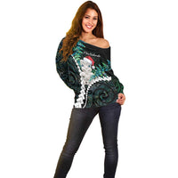 New Zealand Personalised Off Shoulder Sweater Meri Kirihimete Kowhaiwhai Mix Paua Shell - Emerald